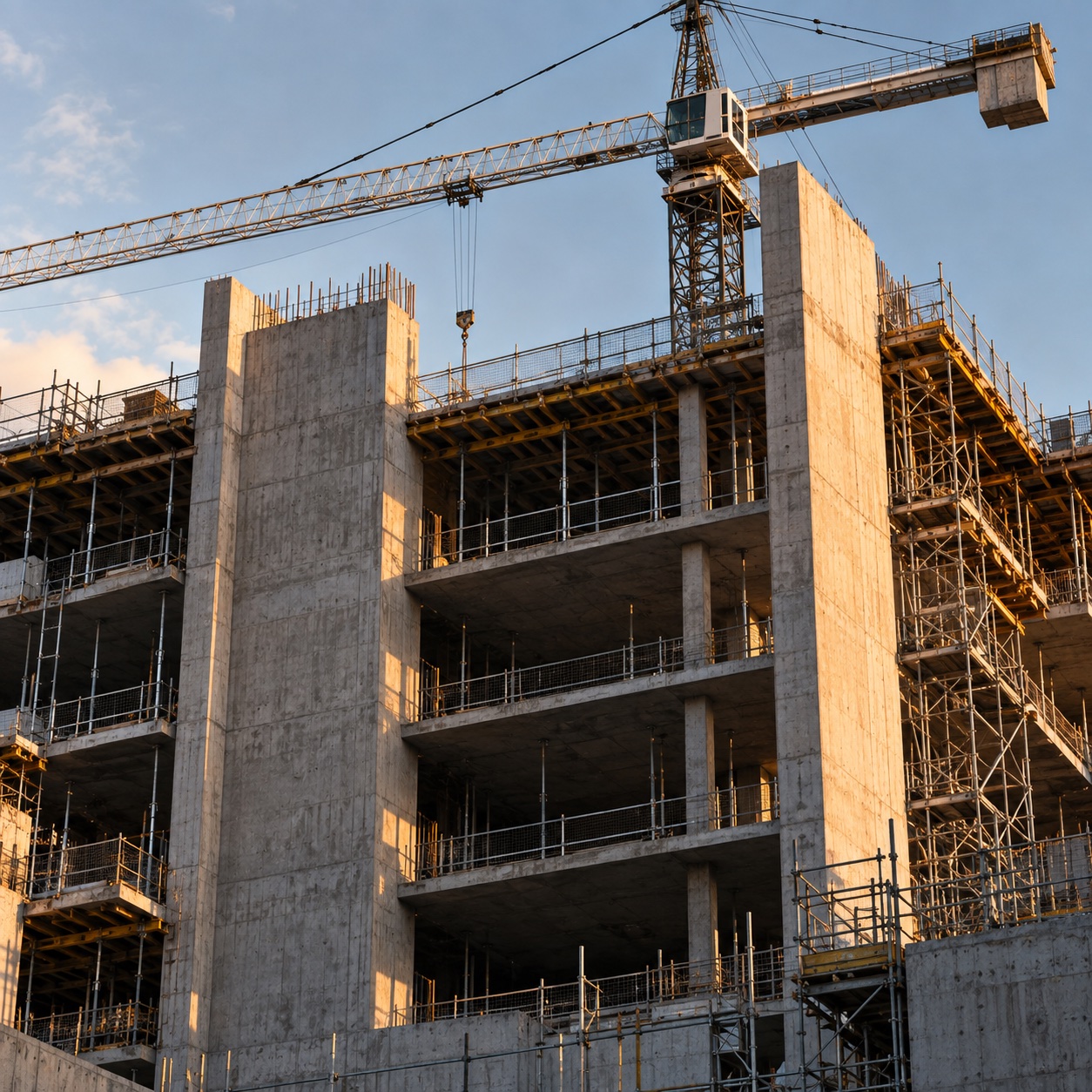 Concrete building and tower crane in the afternoon light